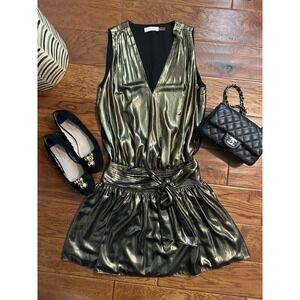 Ramy Brook Metallic Gold Pleated V-Neck Mini Dress Sleeveless Smocked Waist S